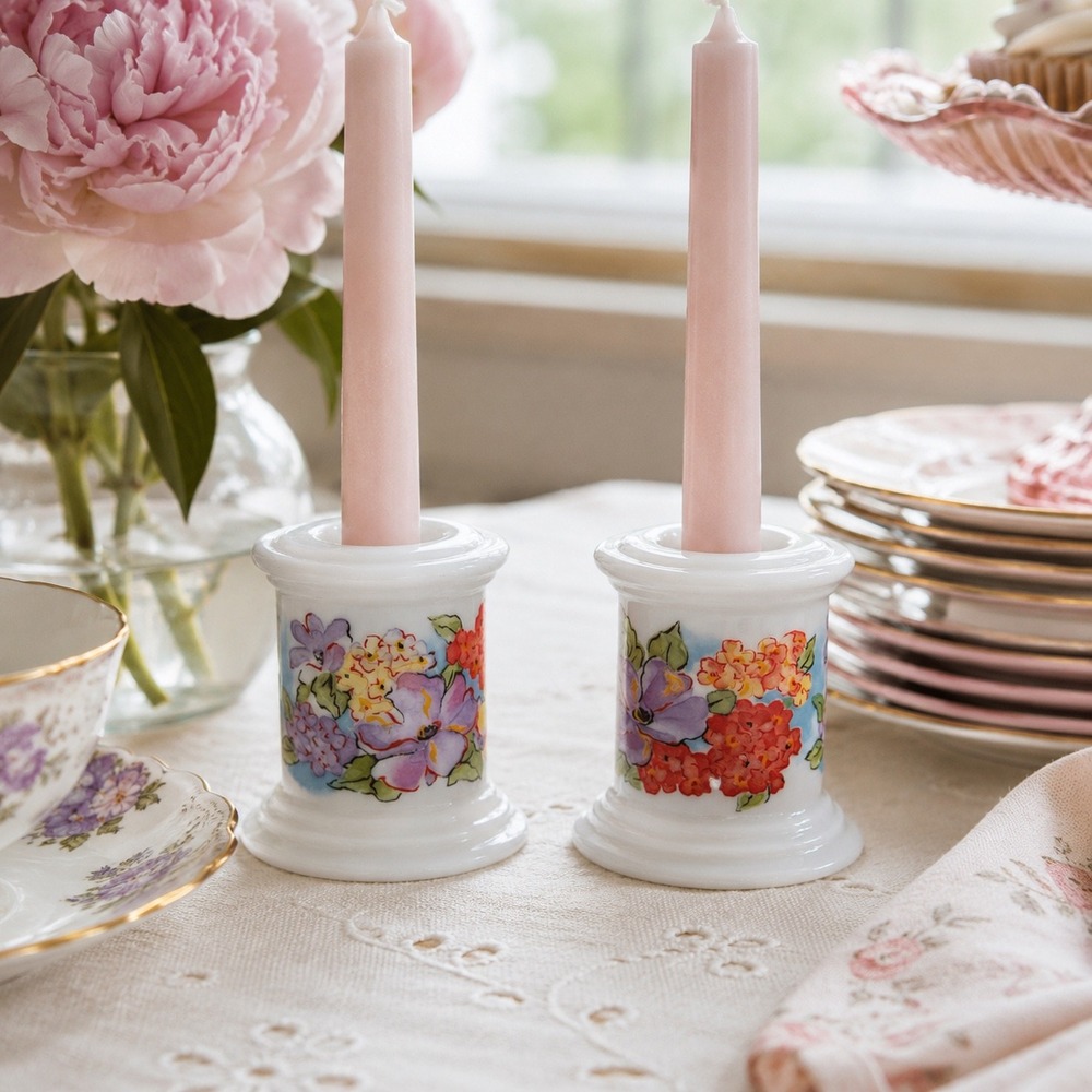 Vintage Floral Milk Glass Candle Holders Cottage Table Decor Pair Hosting